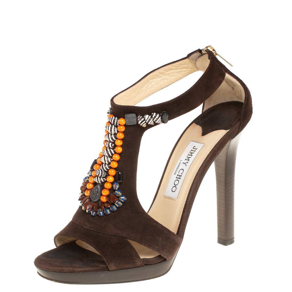 Jimmy Choo Brown Suede Beaded T-strap Tribal Sandals Size 38.5
