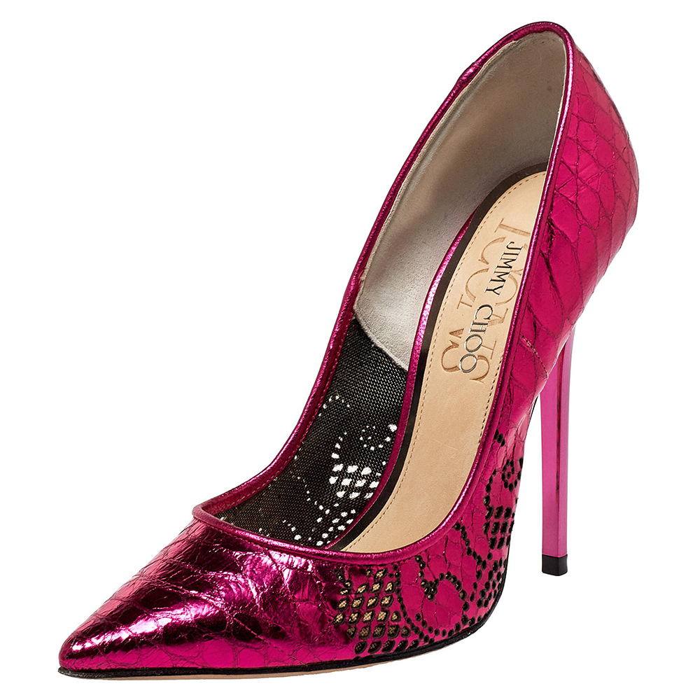 Jimmy Choo Magenta Metallic Python Embossed Leather Tippi Pointed Toe Pumps Size 34.5