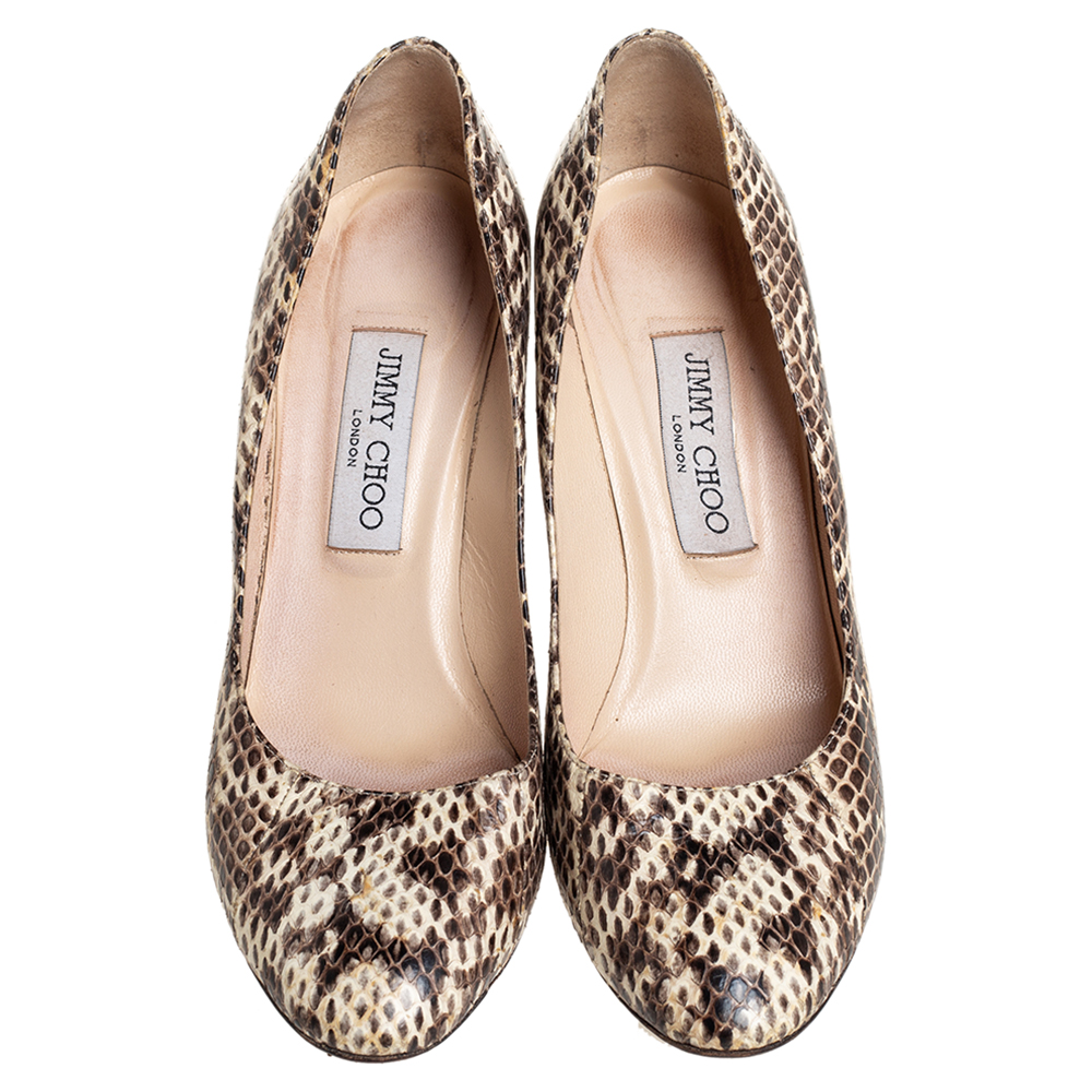 Jimmy Choo Brown/Beige Python Embossed Leather Pumps Size 38.5
