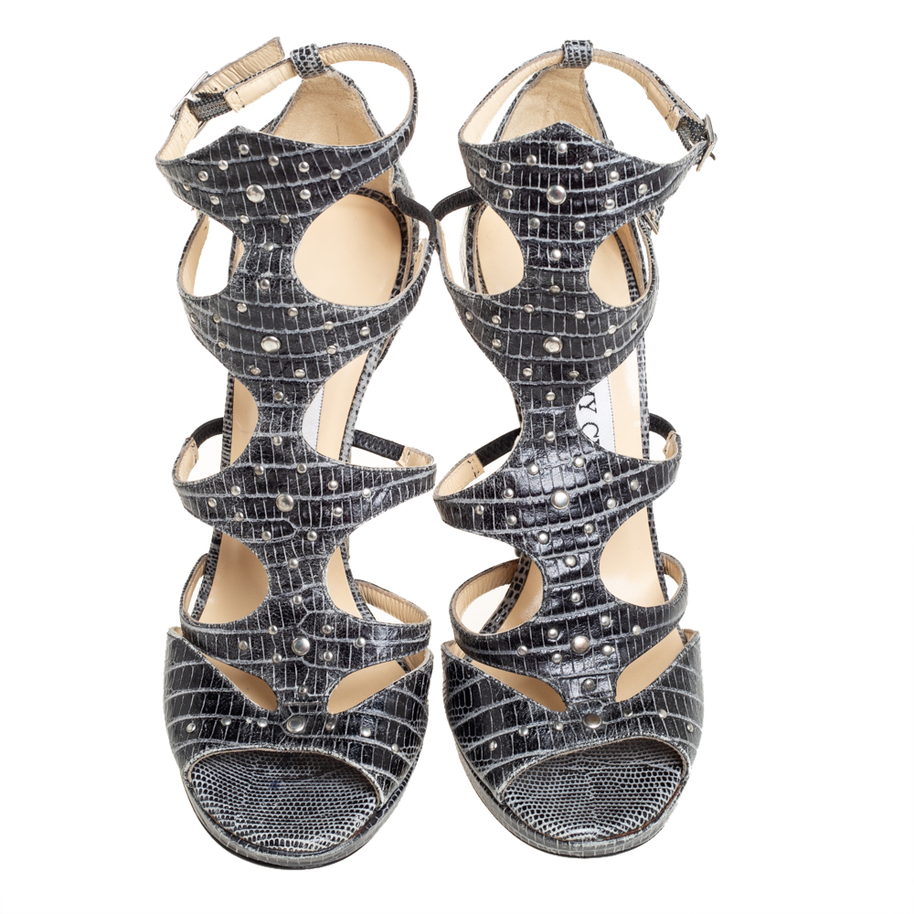 Jimmy Choo Grey Croc Embossed Leather Studded Strappy Sandals Size 36