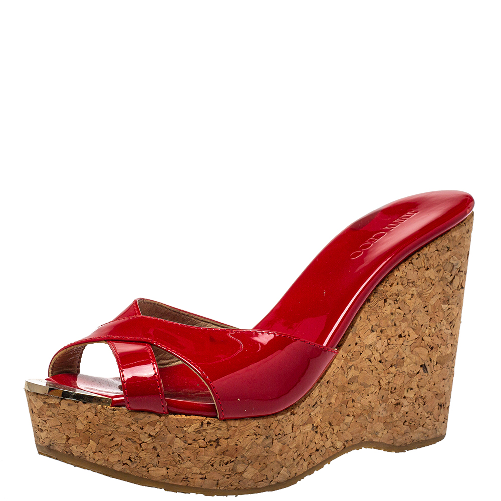Jimmy Choo Red Patent Leather Perfume Cork Wedge Platform Sandals Size 38.5