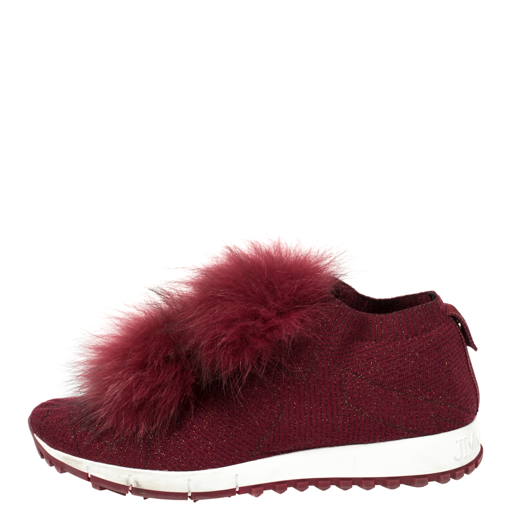 Jimmy Choo Burgundy Knit Fabric And Fur Pom Pom Norway Sneakers Size 38