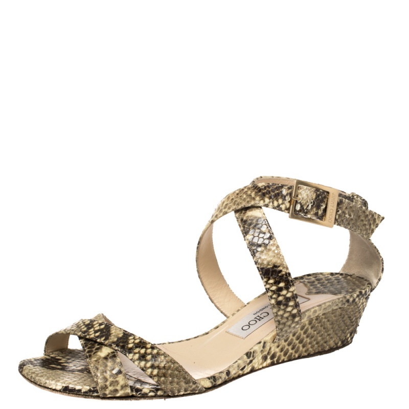 Jimmy Choo Two Tone Python Embossed Leather Connor Wedge Sandals Size 38