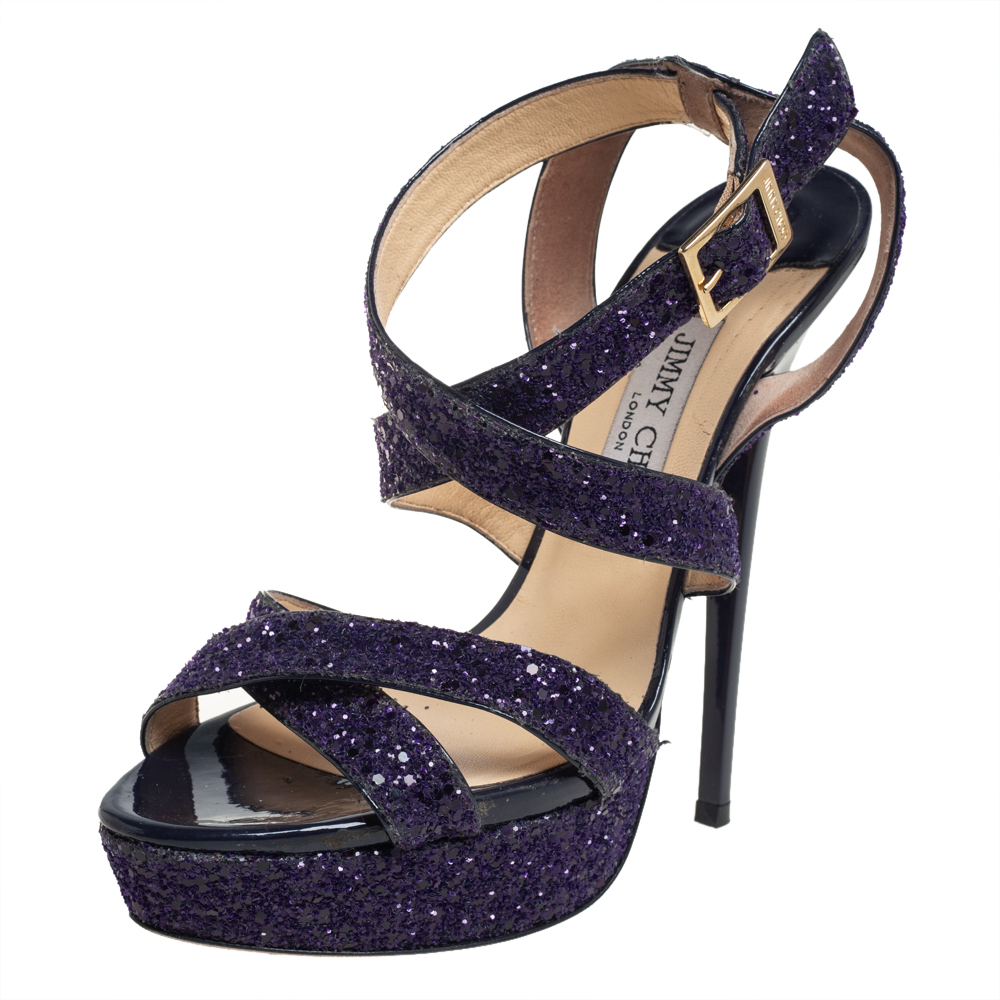 Jimmy Choo Purple Glitter Criss Cross Vamp Platform Sandals Size 39.5
