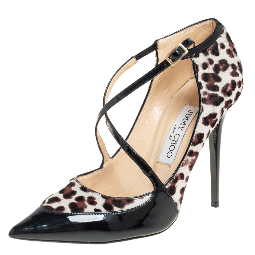 Jimmy Choo Black/White Leopard Printed Fur And Patent Leather Crisscross Pumps Size 37