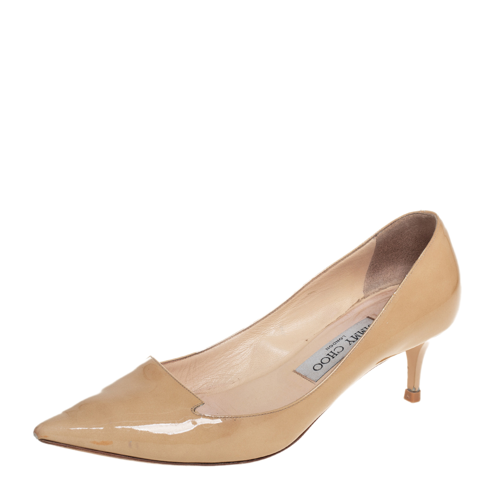 Jimmy Choo Beige Patent Leather Avril Pointed Toe Pumps Size 37.5