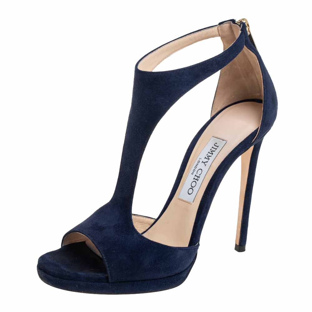 Jimmy Choo Navy Blue Suede Lana Open Toe Sandals Size 37.5