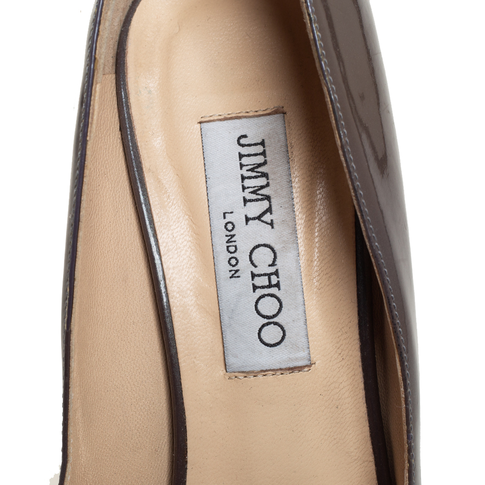 Jimmy Choo Grey Patent Leather Peep Toe Wedge Pumps Size 39.5