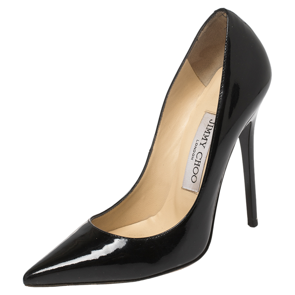 Jimmy Choo Black Patent Leather Anouk Pointed Toe Pumps Size 34.5