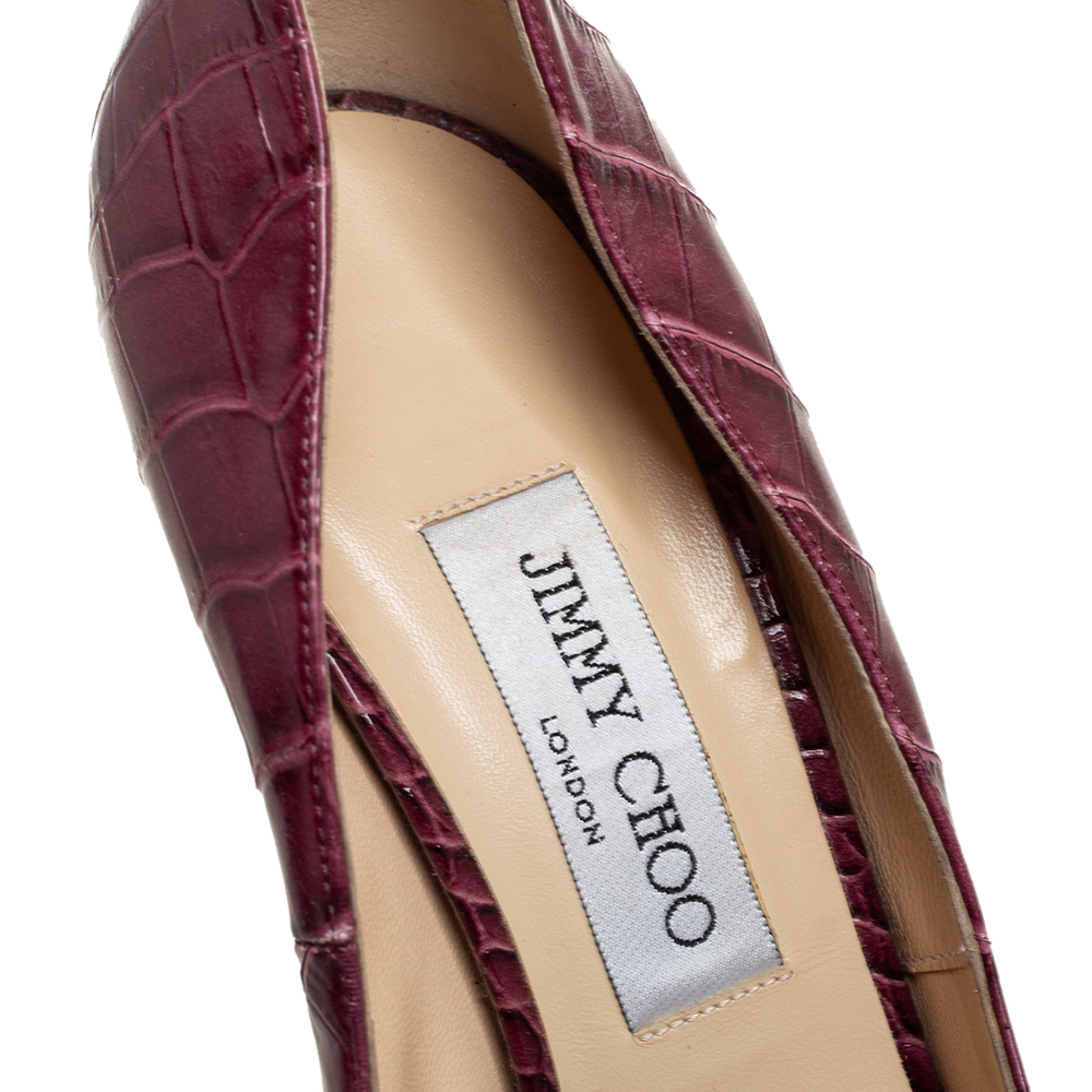 Jimmy Choo Burgundy Croc Embossed Leather  Peep Toe Pumps Size 39