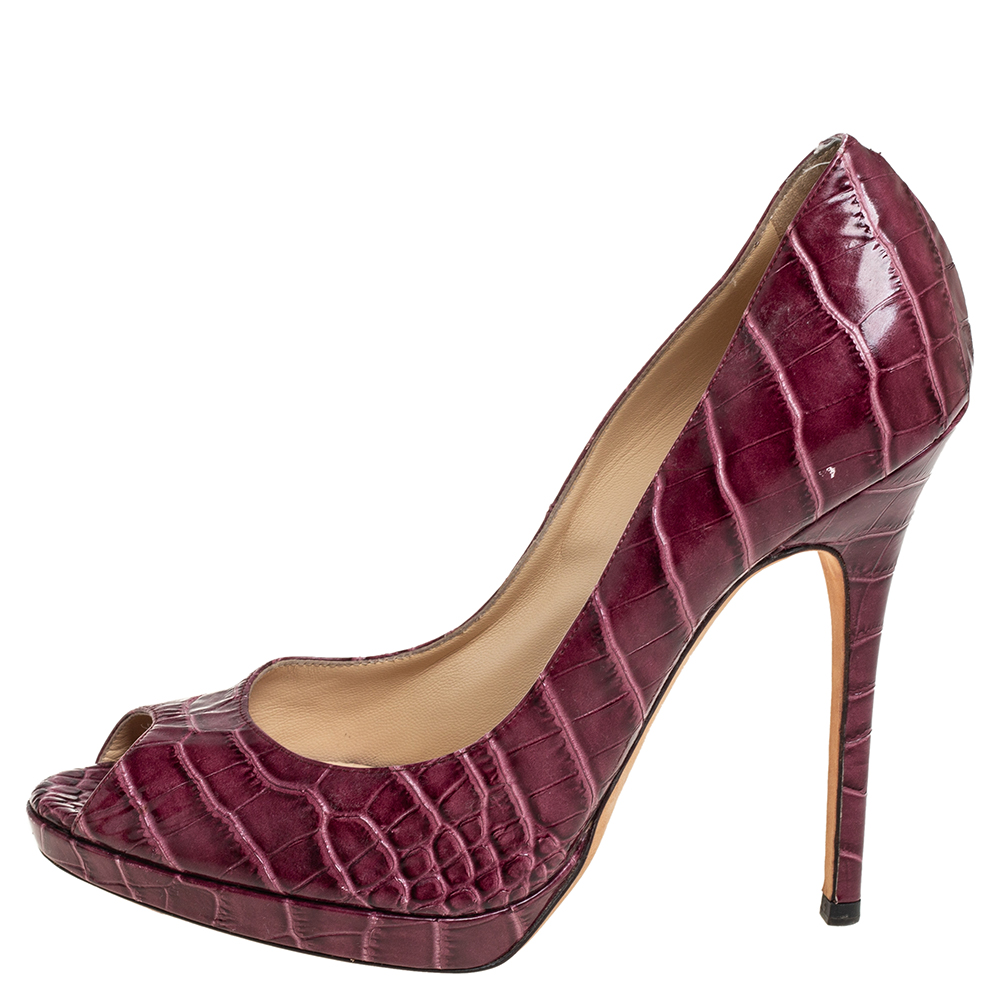 Jimmy Choo Burgundy Croc Embossed Leather  Peep Toe Pumps Size 39