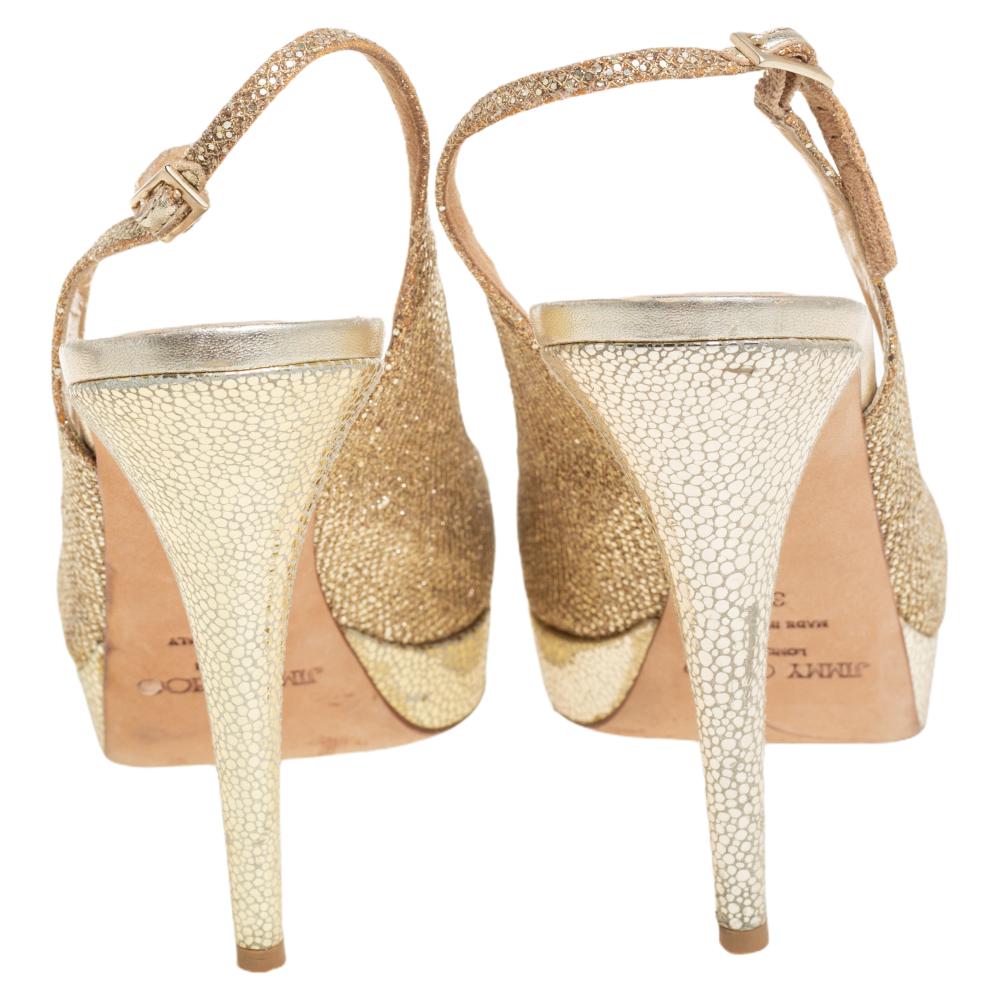Jimmy Choo Gold Glitter Fabric Nova Peep Toe Platform Slingback Sandals Size 39