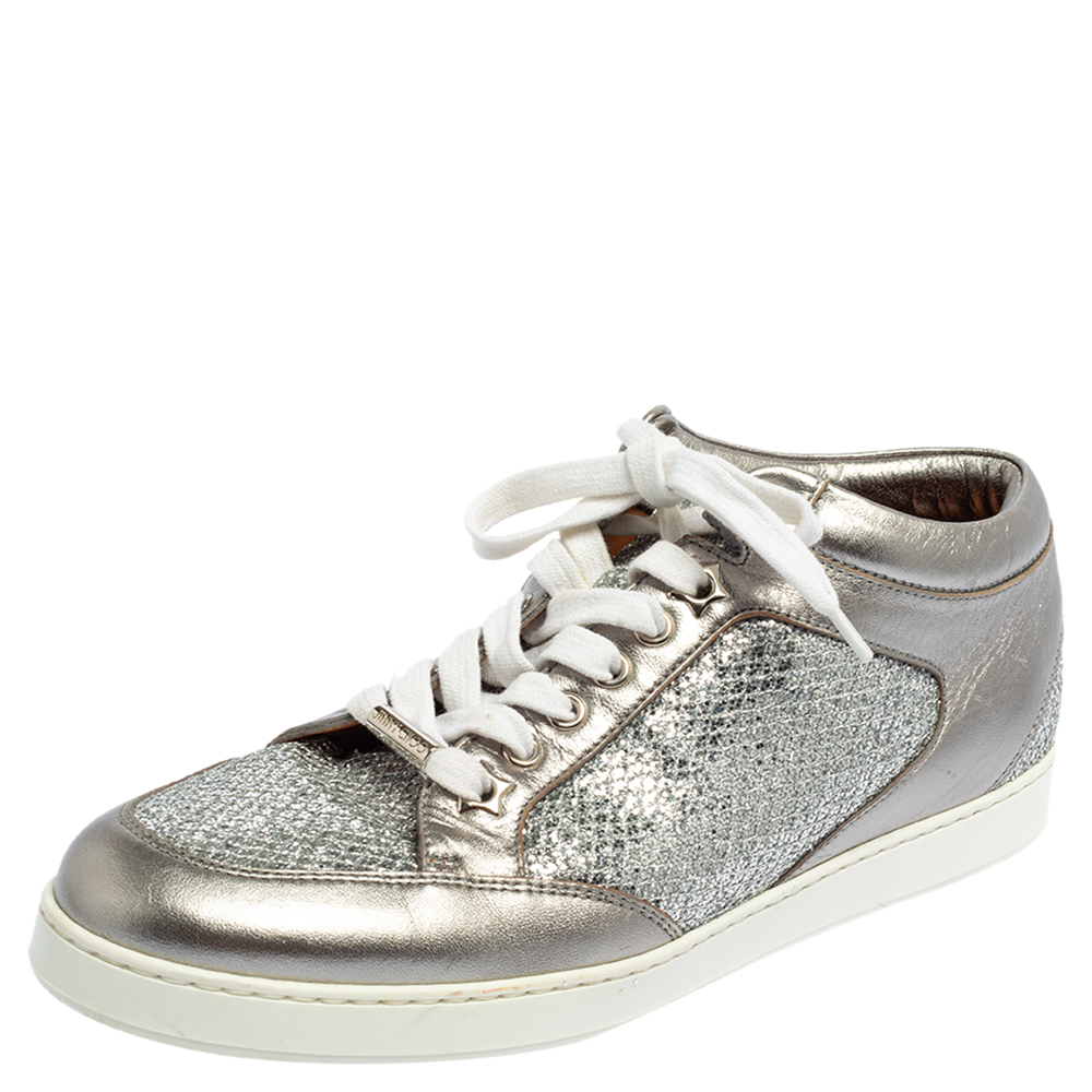Jimmy Choo Silver Leather And Glitter Miami Low Top Sneakers Size 39