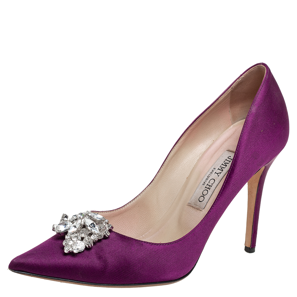 Jimmy Choo Exclusive Collection Purple Satin Manda Crystal Embellished Pointed Toe Pumps Size 39