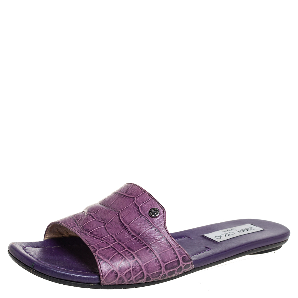 Jimmy Choo Purple Croc Embossed Leather Nanda Flat Slides Size 38.5