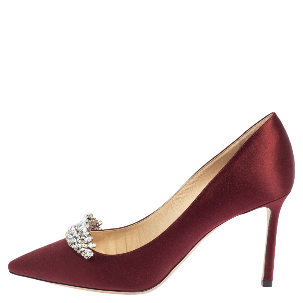 

Jimmy Choo Burgundy Satin Crystal Embellished Romy Pointed Toe Pumps Size