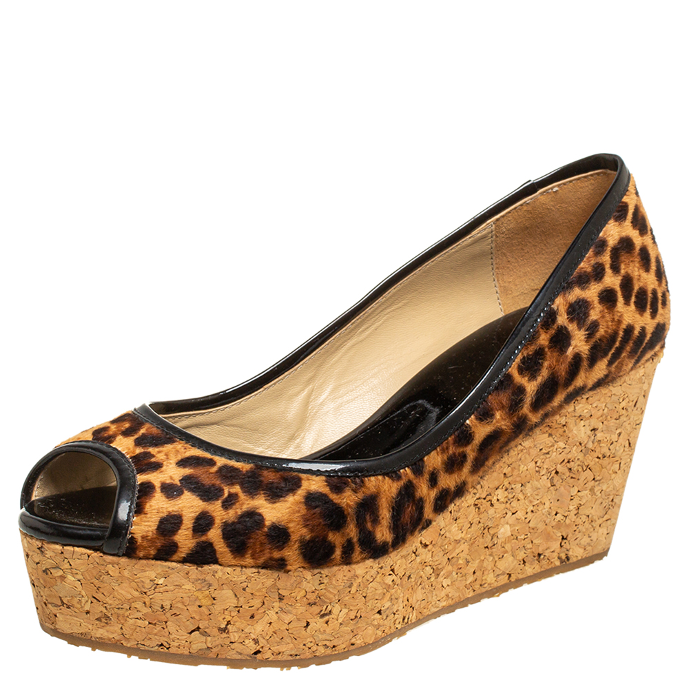 Jimmy Choo Leopard Print Calf Hair And Patent Leather Papina Peep Toe Wedge Pumps Size 38
