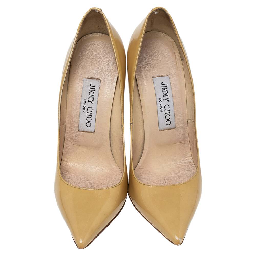Jimmy Choo Beige Patent Leather Anouk Pointed Toe Pumps Size 36.5