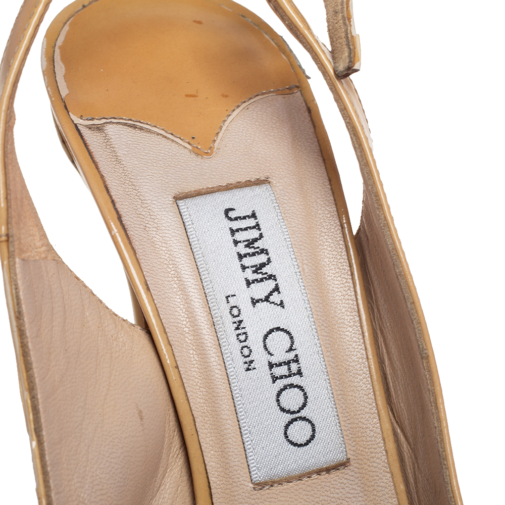 Jimmy Choo Beige Patent Leather Vita Peep Toe Platform Slingback Sandals Size 36.5