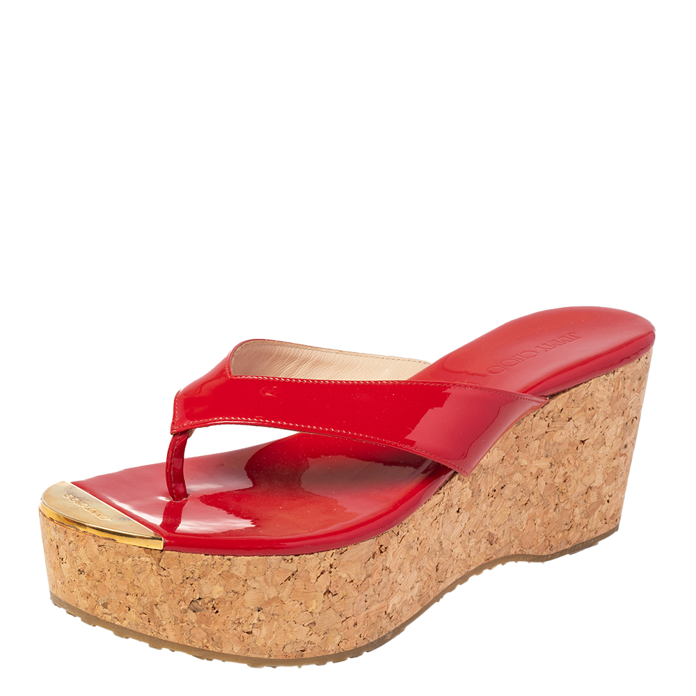 Jimmy Choo Red Patent Leather Thong Cork Wedge Sandals Size 38