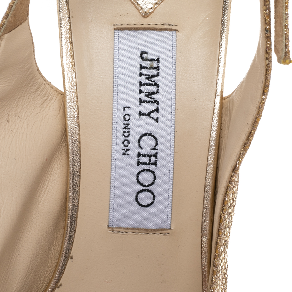 Jimmy Choo Gold Glitter And Lurex Fabric Nova Peep Toe Slingback Sandals Size 38.5