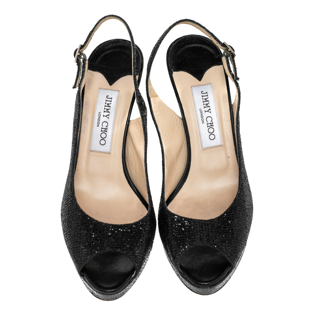 Jimmy Choo Black Glitter And Lurex Fabric Nova Peep Toe Slingback Sandals Size 38