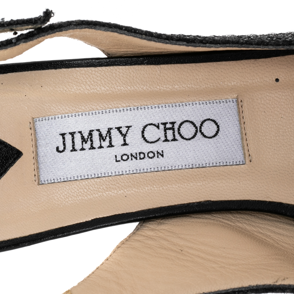 Jimmy Choo Black Glitter And Lurex Fabric Nova Peep Toe Slingback Sandals Size 38