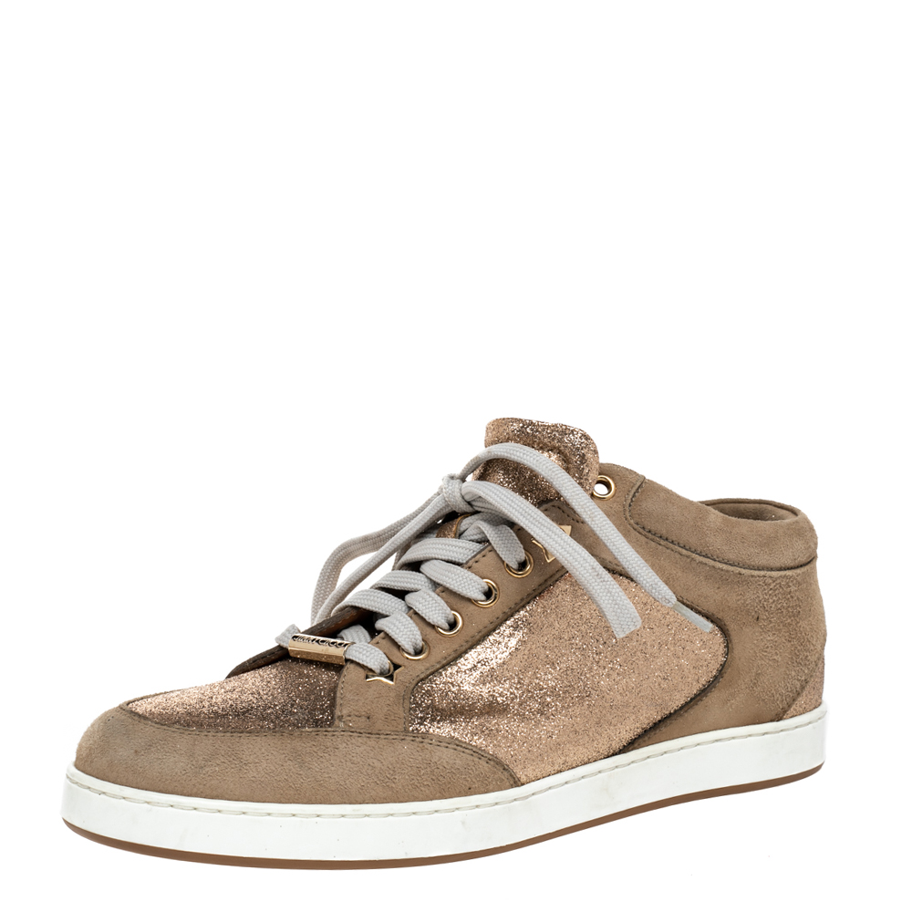 Jimmy choo beige glitter and suede miami lace up sneakers size 38