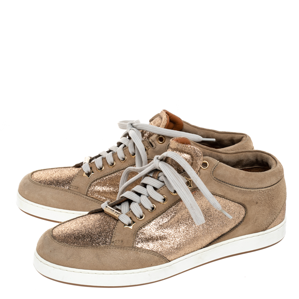 Jimmy Choo Beige Glitter And Suede Miami Lace Up Sneakers Size 38