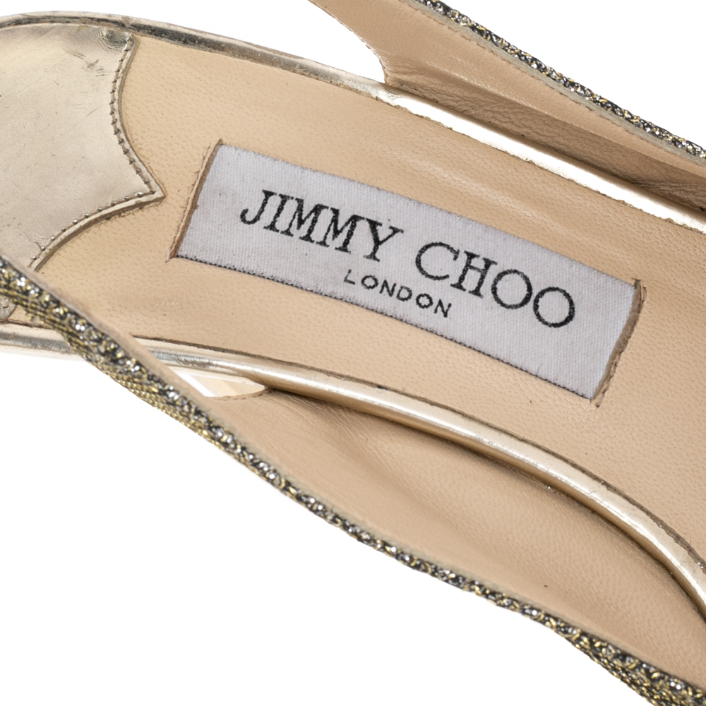 Jimmy Choo Metallic Gold Glitter Peep Toe Slingback Sandals Size 39