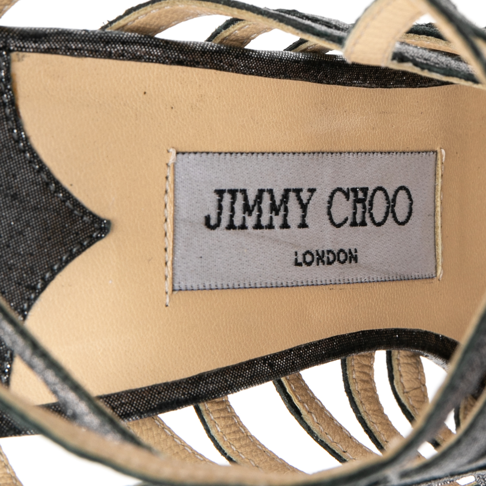 Jimmy Choo Metallic Black Leather Caged Gladiator Sandals Size 38.5