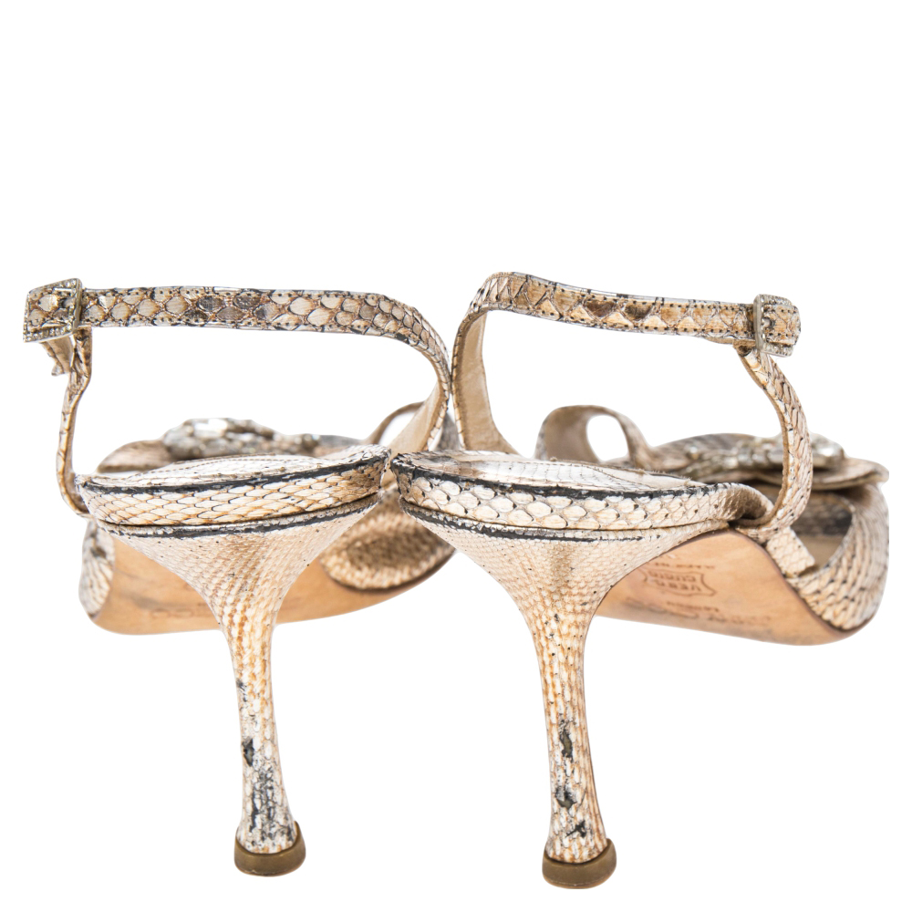 Jimmy Choo Gold Python Leather Crystal Buckle Embellished Sandals Size 38.5