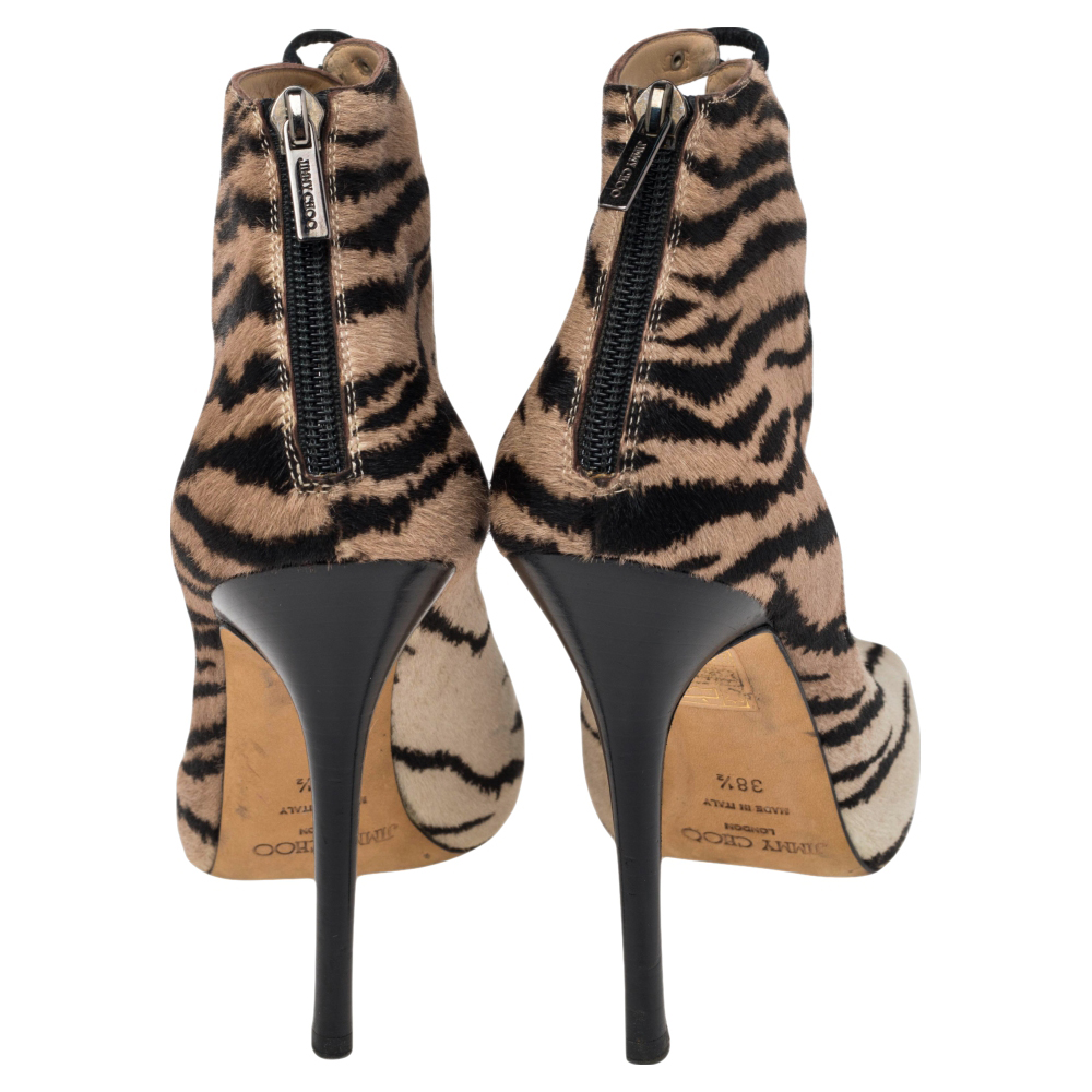 Jimmy Choo Black/Beige Calf Hair Zebra Print Lace Up Sandals Size 38.5