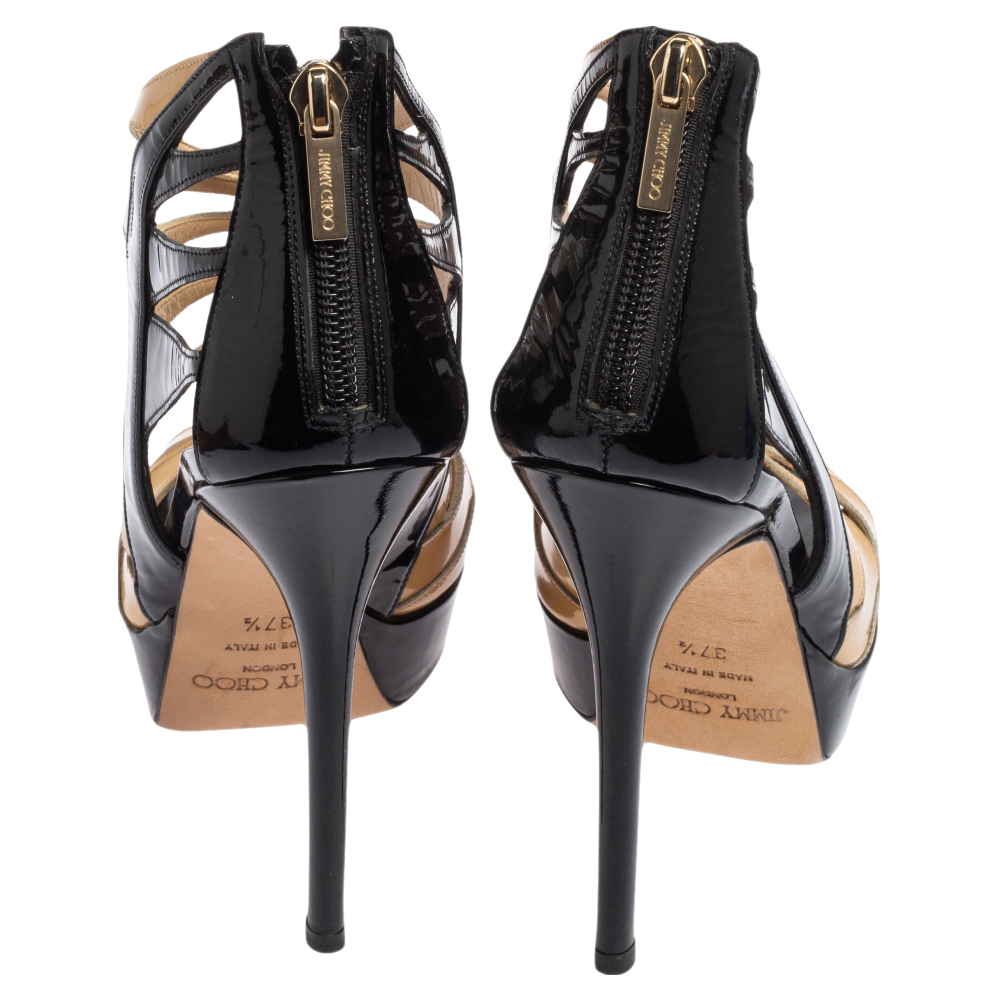 Jimmy Choo Black/Yellow Patent Leather Cut Out Costa Sandals Size 37.5