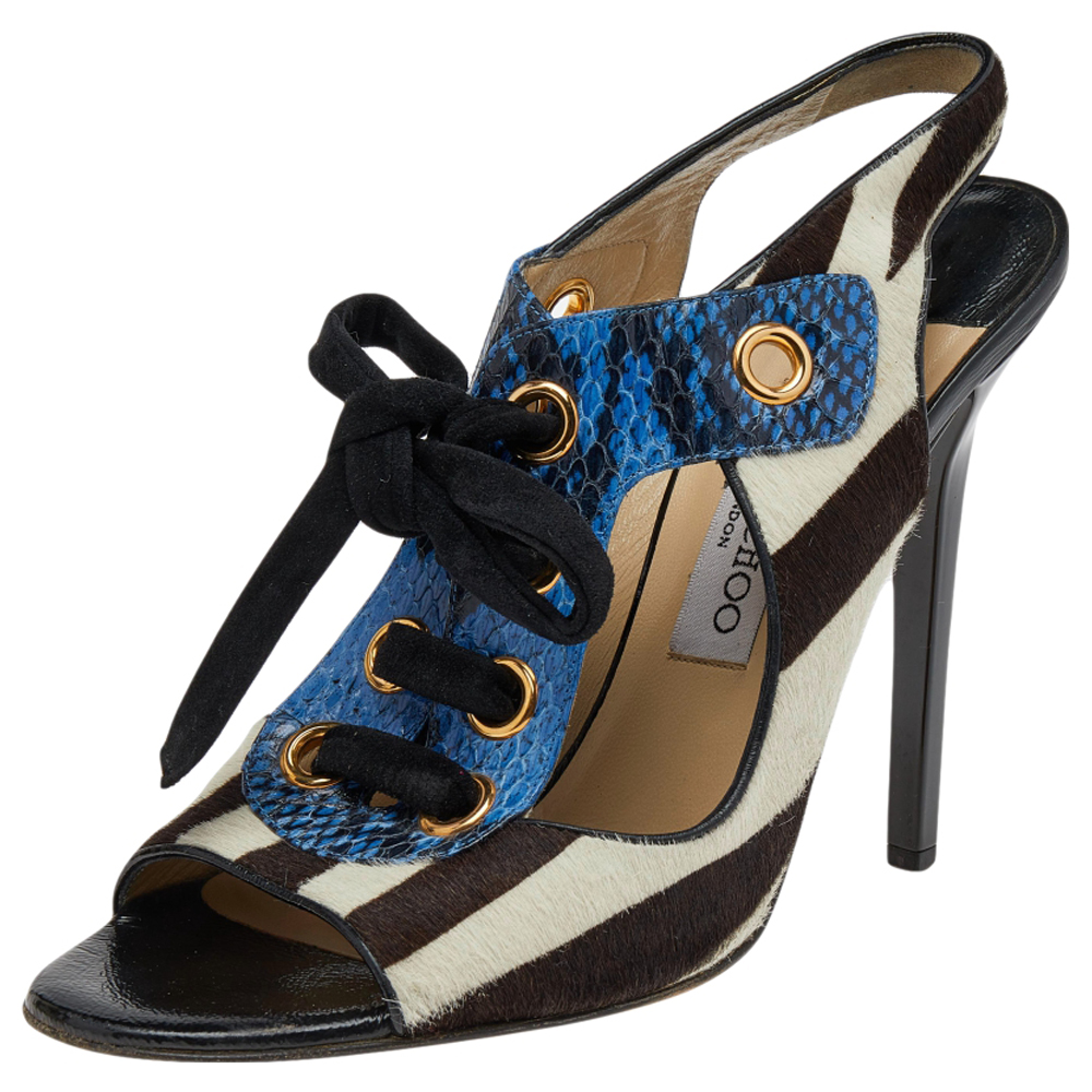 Jimmy Choo Multicolor Calf Hair And Python Leather Lace Up Sandals Size 40
