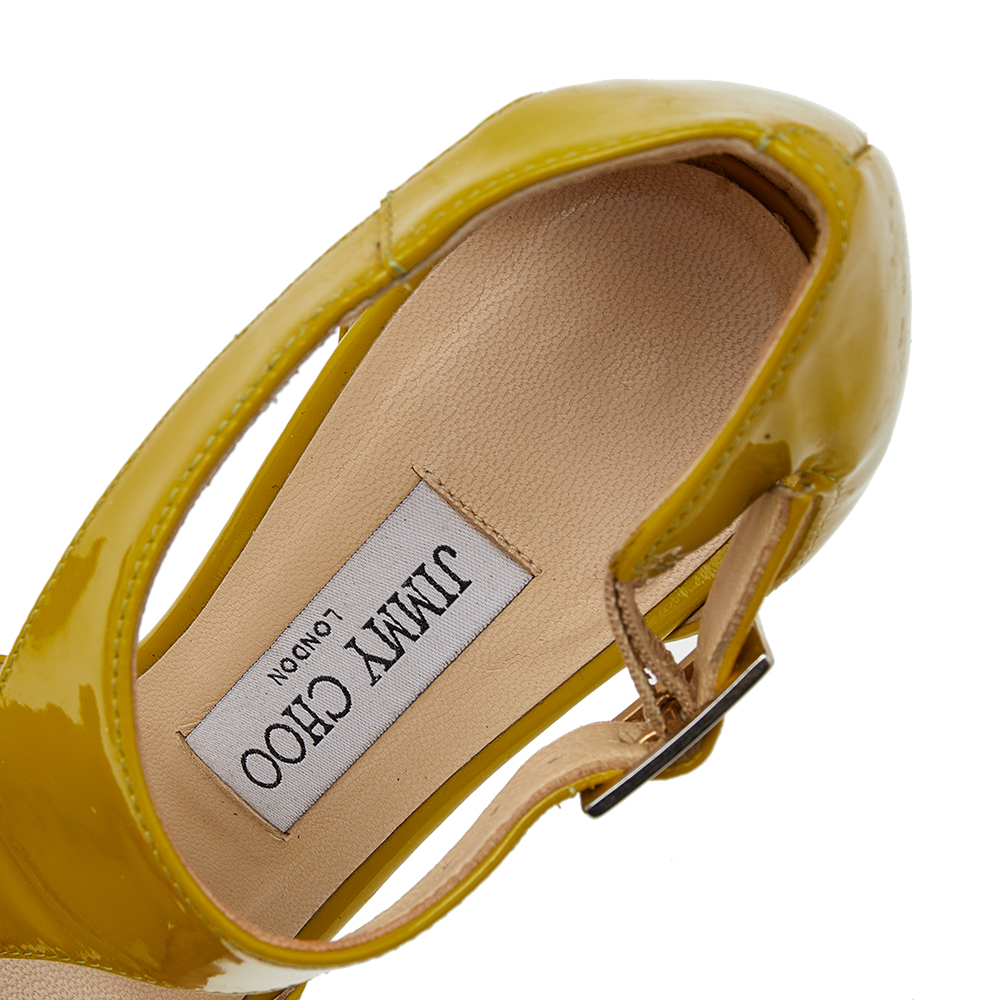 Jimmy Choo Yellow Patent Leather T Strap Peep Toe Platform Sandals Size 36