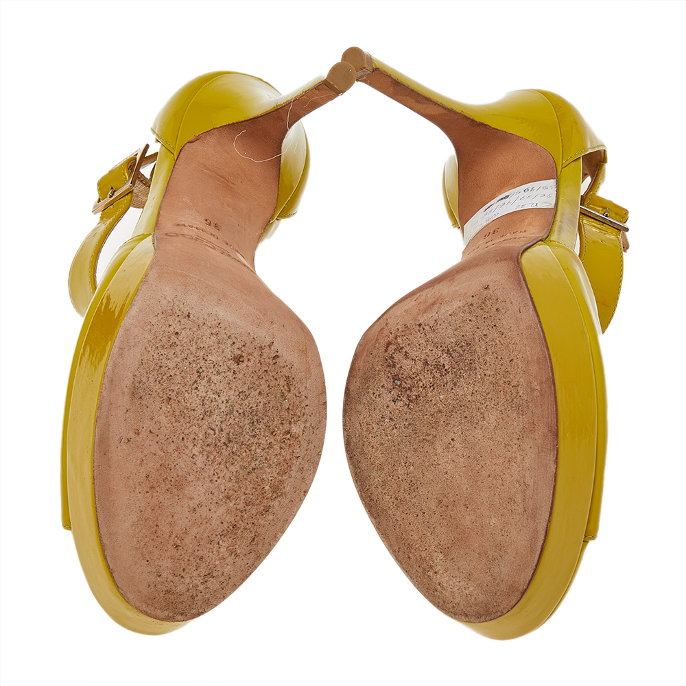 Jimmy Choo Yellow Patent Leather T Strap Peep Toe Platform Sandals Size 36