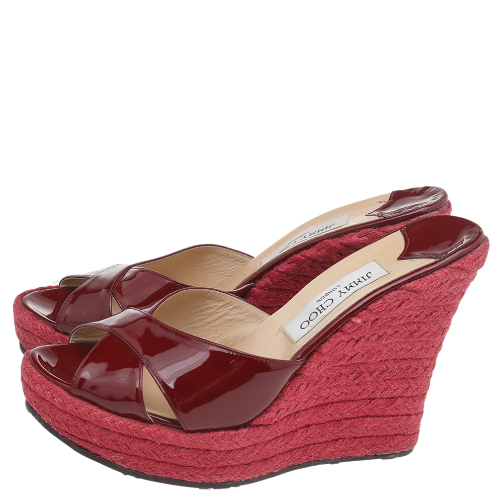 Jimmy Choo Red Patent Leather Phyllis Wedge Platform Espadrille Sandals Size 40