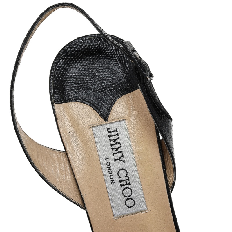 Jimmy Choo Black Lizard Embossed Leather Embellished Slingback Sandals Size 40