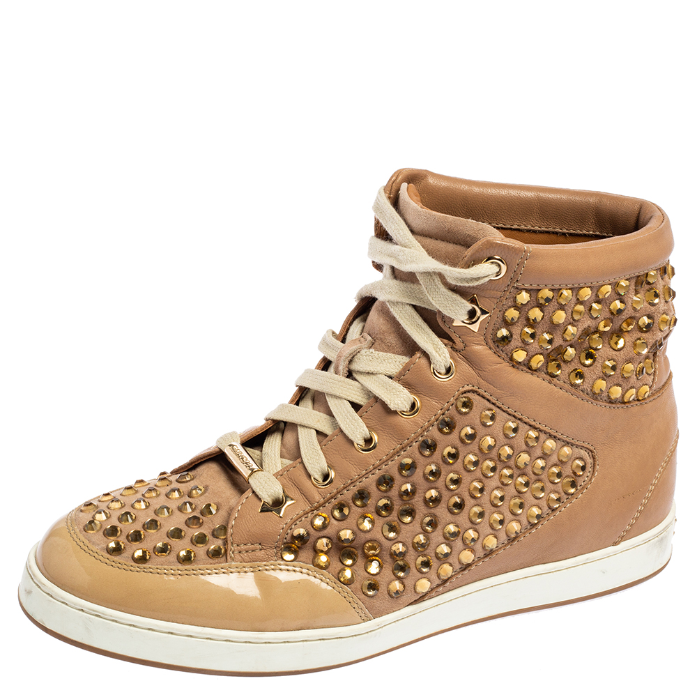 Jimmy Choo Beige Patent Leather and Leather Crystal Studded Tokyo High Top Sneakers Size 36