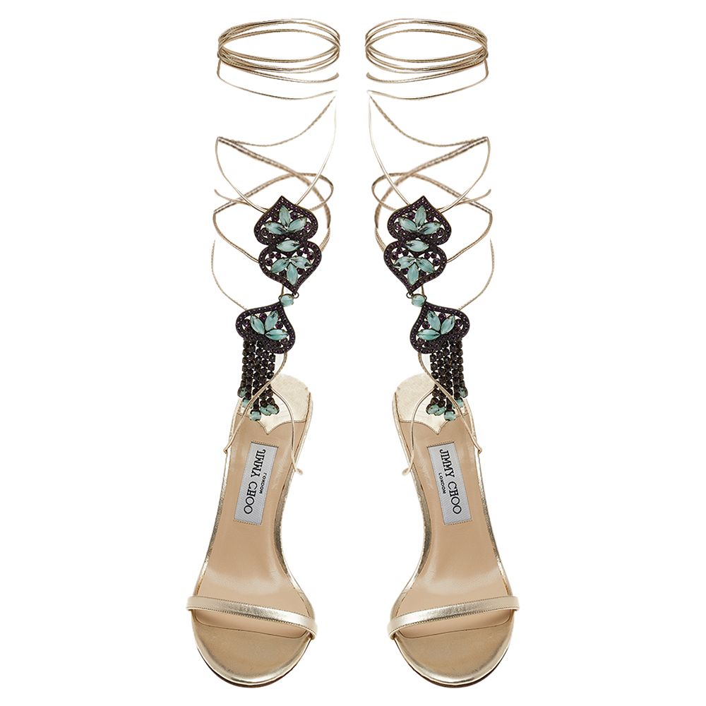 Jimmy Choo Metallic Beige Leather Crystal Embellished Tie Up Sandals Size 38