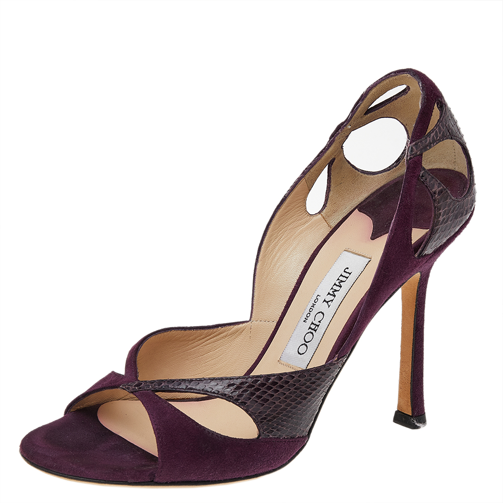 Jimmy Choo Purple Suede And Python Leather Peep-Toe Sandals Size 38.5