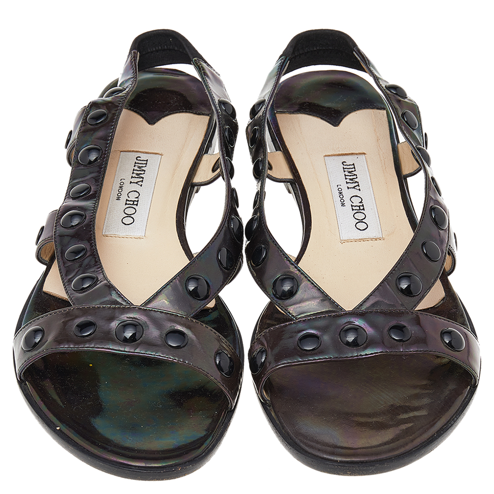 Jimmy Choo Black Patent Leather Embellished Sandals Size 38.5