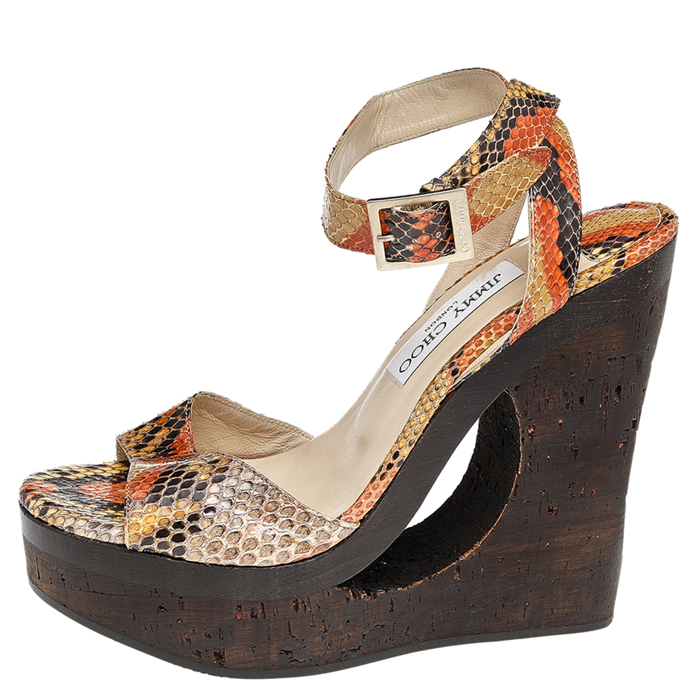 Jimmy Choo Multicolor Python Leather Penelop Wedge Sandals Size 38