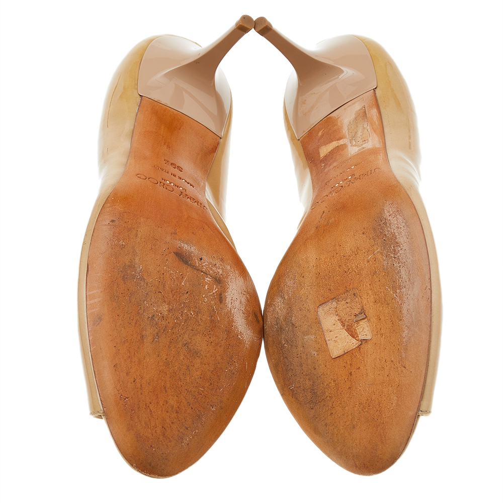 Jimmy Choo Beige Patent Leather Peep Toe Pumps Size 39.5