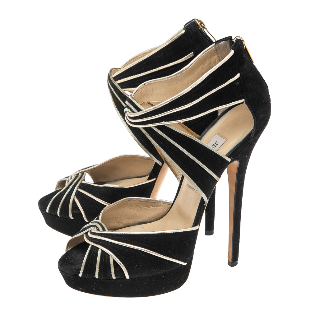 Jimmy Choo Black/Gold Suede And Leather Koko Sandals Size 41.5