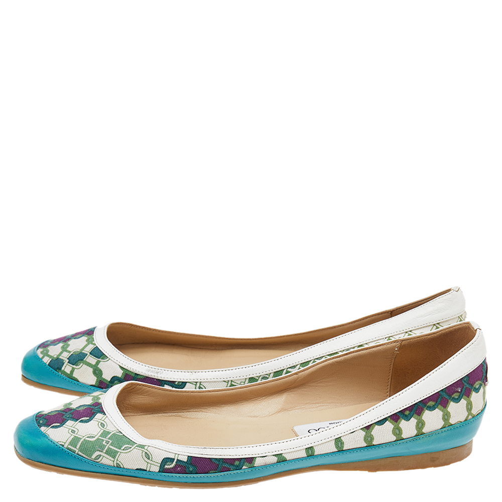 Jimmy Choo Green Printed Canvas And Leather Flats Size 39