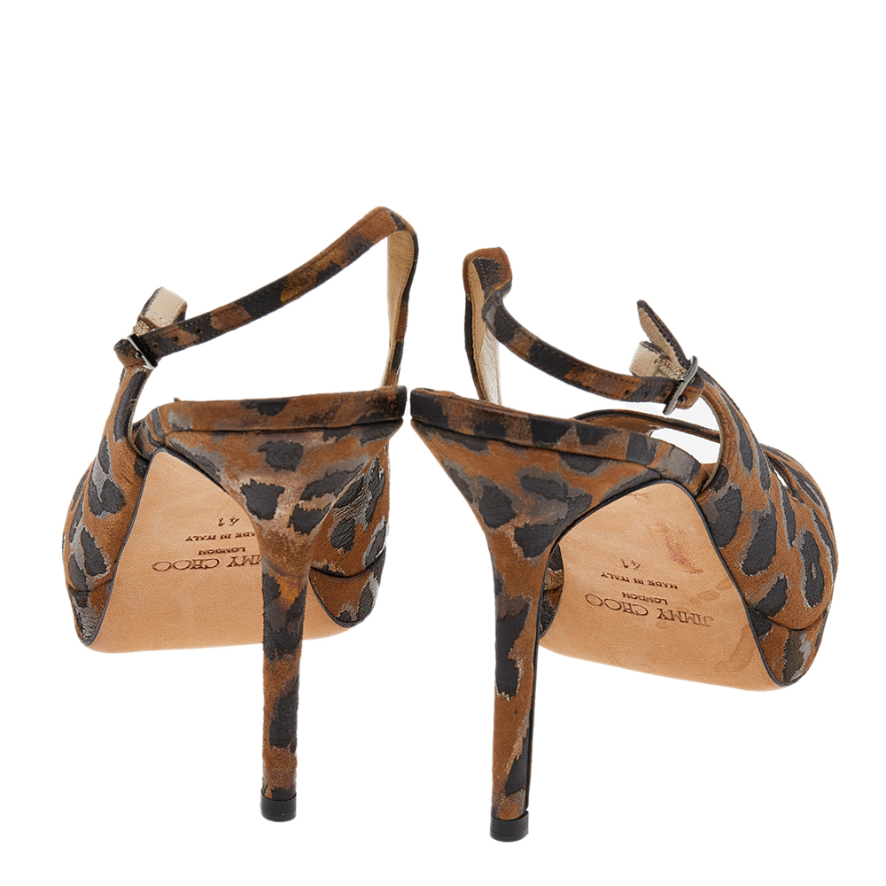 Jimmy Choo Brown Leopard Print Fabric Platform Peep Toe Slingback Sandals Size 41