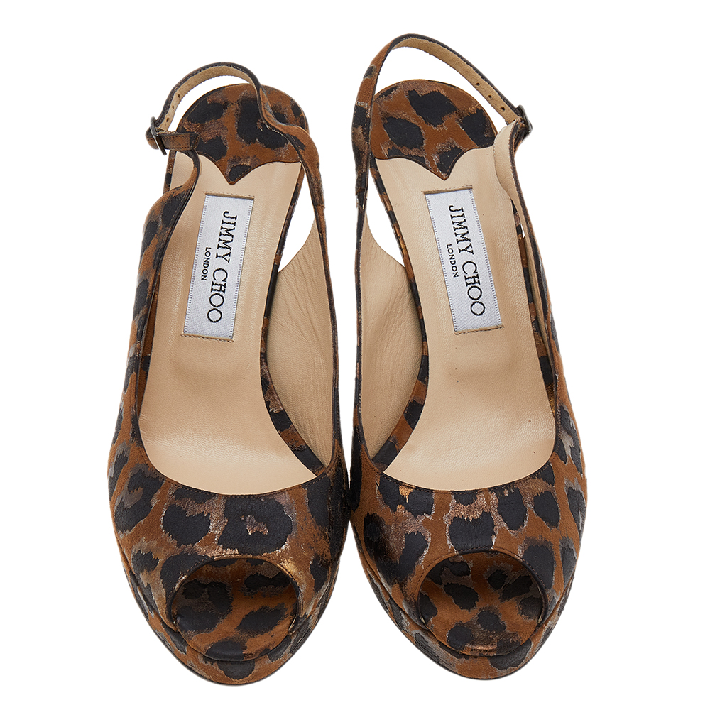 Jimmy Choo Brown Leopard Print Fabric Platform Peep Toe Slingback Sandals Size 41