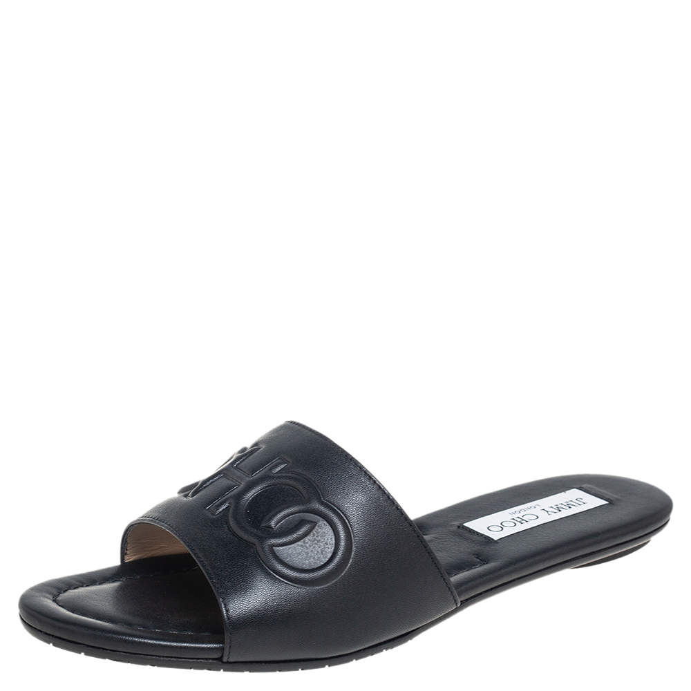 Jimmy Choo Black Leather Slip On Flat Sandals Size 38